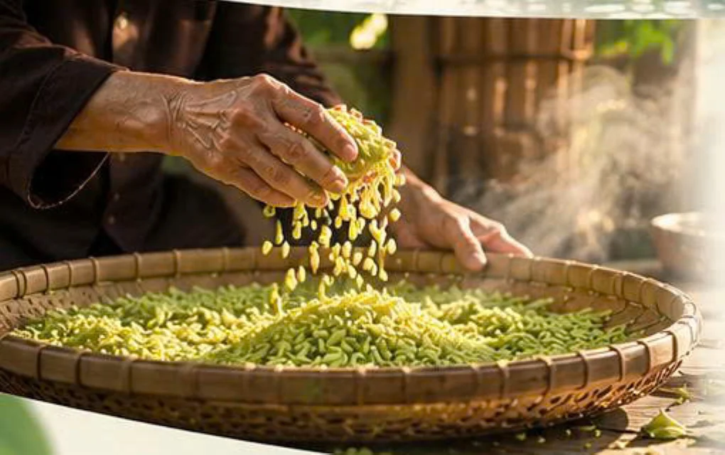 Nghệ nhân sàng cốm trên nia