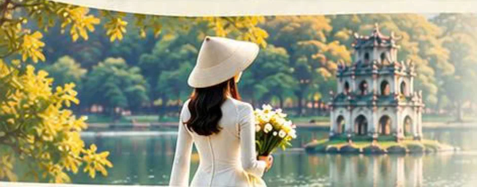 Thiếu nữ áo dài bên Hồ Gươm mùa thu